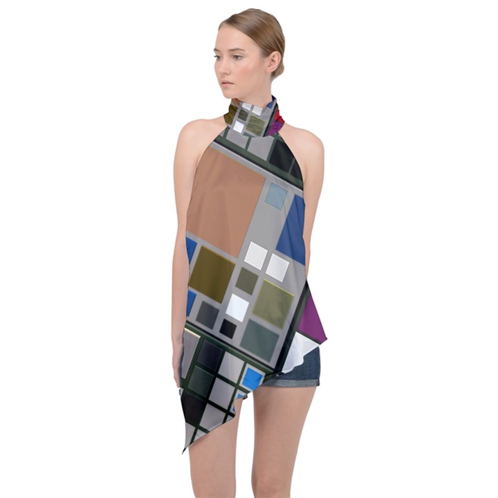 Abstract Composition Halter Asymmetric Satin Top