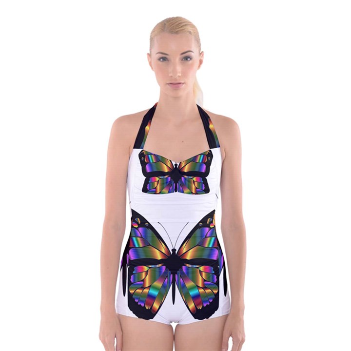 Abstract Animal Art Butterfly Boyleg Halter Swimsuit 