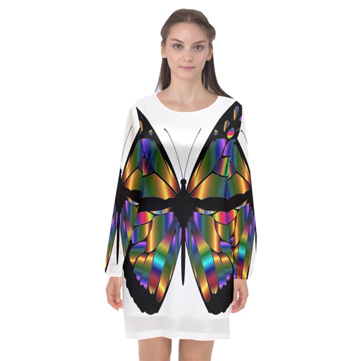 Abstract Animal Art Butterfly Long Sleeve Chiffon Shift Dress 