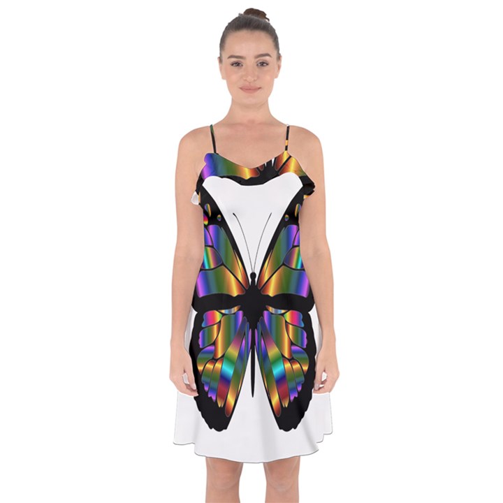 Abstract Animal Art Butterfly Ruffle Detail Chiffon Dress