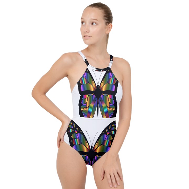 Abstract Animal Art Butterfly High Neck One Piece Swimsuit