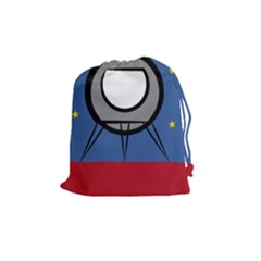 A Rocket Ship Sits On A Red Planet With Gold Stars In The Background Drawstring Pouch (medium) by Sudhe