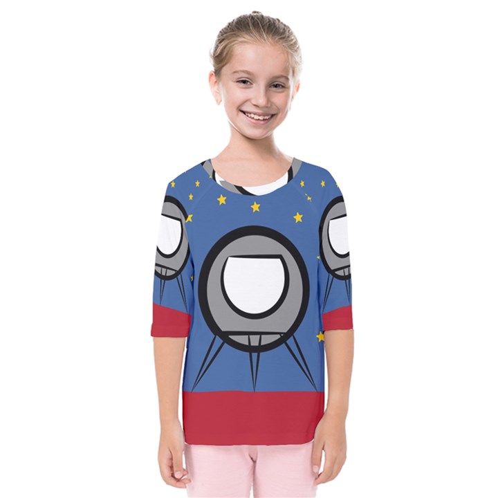 A Rocket Ship Sits On A Red Planet With Gold Stars In The Background Kids  Quarter Sleeve Raglan Tee