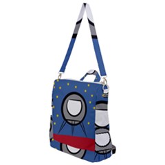 A Rocket Ship Sits On A Red Planet With Gold Stars In The Background Crossbody Backpack by Sudhe