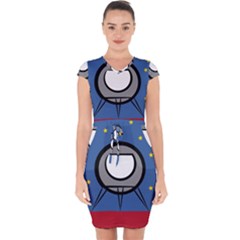 A Rocket Ship Sits On A Red Planet With Gold Stars In The Background Capsleeve Drawstring Dress  by Sudhe