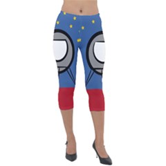 A Rocket Ship Sits On A Red Planet With Gold Stars In The Background Lightweight Velour Capri Leggings  by Sudhe