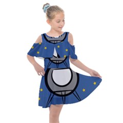 A Rocket Ship Sits On A Red Planet With Gold Stars In The Background Kids  Shoulder Cutout Chiffon Dress by Sudhe