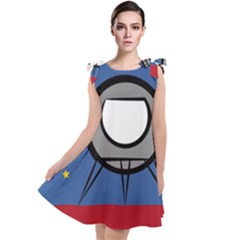 A Rocket Ship Sits On A Red Planet With Gold Stars In The Background Tie Up Tunic Dress by Sudhe