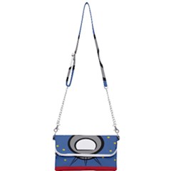 A Rocket Ship Sits On A Red Planet With Gold Stars In The Background Mini Crossbody Handbag by Sudhe