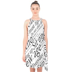 Abstract Minimalistic Text Typography Grayscale Focused Into Newspaper Halter Collar Waist Tie Chiffon Dress by Sudhe