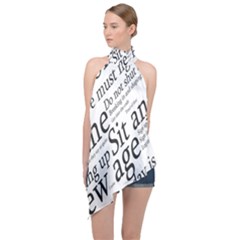 Abstract Minimalistic Text Typography Grayscale Focused Into Newspaper Halter Asymmetric Satin Top by Sudhe