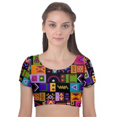 Abstract A Colorful Modern Illustration Velvet Short Sleeve Crop Top  by Sudhe