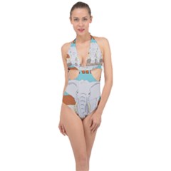 Africa Elephant Animals Animal Halter Front Plunge Swimsuit by Sudhe