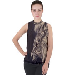 Angry Male Lion Mock Neck Chiffon Sleeveless Top by Sudhe