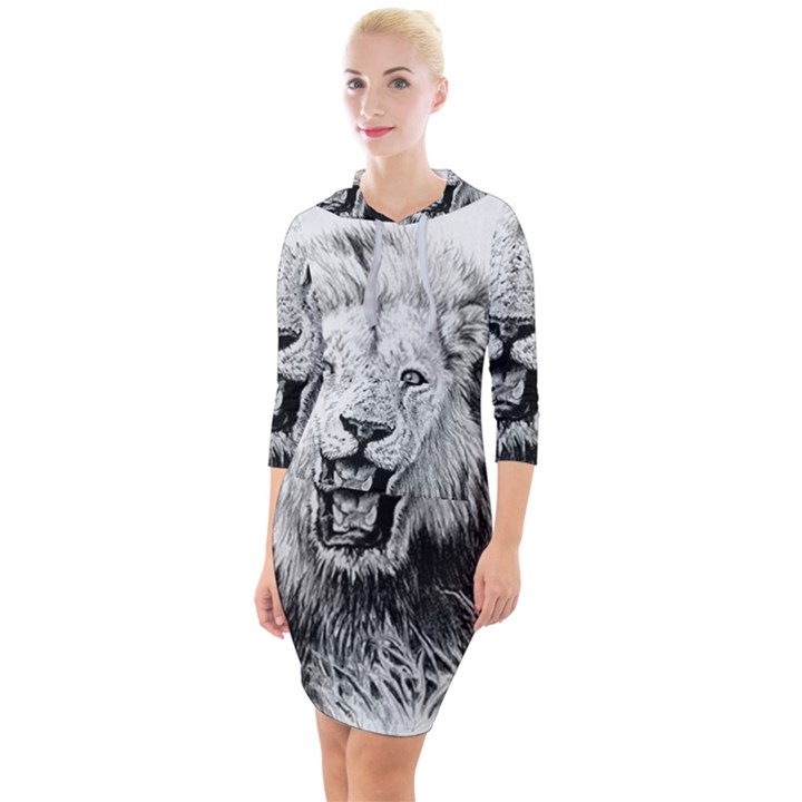 Lion Wildlife Art And Illustration Pencil Quarter Sleeve Hood Bodycon Dress