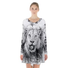 Lion Wildlife Art And Illustration Pencil Long Sleeve Velvet V-neck Dress by Sudhe