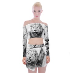 Lion Wildlife Art And Illustration Pencil Off Shoulder Top With Mini Skirt Set by Sudhe