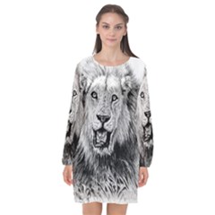 Lion Wildlife Art And Illustration Pencil Long Sleeve Chiffon Shift Dress  by Sudhe