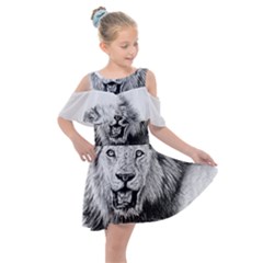 Lion Wildlife Art And Illustration Pencil Kids  Shoulder Cutout Chiffon Dress by Sudhe