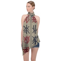 Ancient Chinese Secrets Characters Halter Asymmetric Satin Top by Sudhe