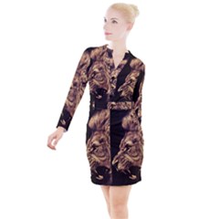 Angry Male Lion Gold Button Long Sleeve Dress by Sudhe