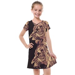 Angry Male Lion Gold Kids  Cross Web Dress