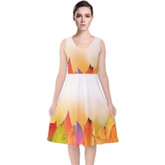 Autumn Leaves Colorful Fall Foliage V-neck Midi Sleeveless Dress  by Sudhe