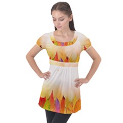 Autumn Leaves Colorful Fall Foliage Puff Sleeve Tunic Top by Sudhe