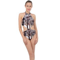 Autumn Fractal Forest Background Halter Side Cut Swimsuit by Sudhe