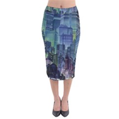 City Night Landmark Velvet Midi Pencil Skirt by Sudhe