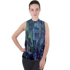 City Night Landmark Mock Neck Chiffon Sleeveless Top by Sudhe