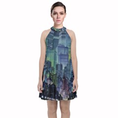 City Night Landmark Velvet Halter Neckline Dress  by Sudhe