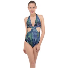 City Night Landmark Halter Front Plunge Swimsuit