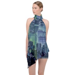 City Night Landmark Halter Asymmetric Satin Top by Sudhe