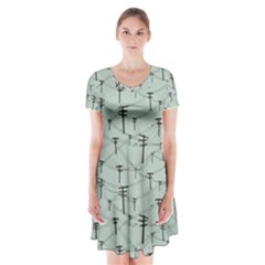 Telephone Lines Repeating Pattern Short Sleeve V-neck Flare Dress by Sudhe