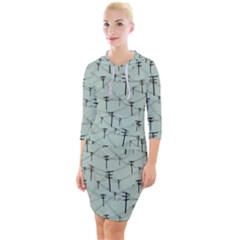 Telephone Lines Repeating Pattern Quarter Sleeve Hood Bodycon Dress