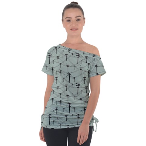 Telephone Lines Repeating Pattern Tie-up Tee by Sudhe