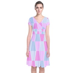 Geometric Pattern Design Pastels Short Sleeve Front Wrap Dress