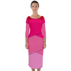 Geometric Shapes Magenta Pink Rose Quarter Sleeve Midi Bodycon Dress