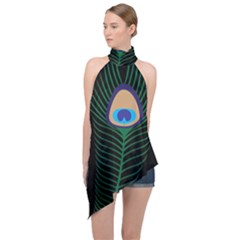 Peacock Feather Halter Asymmetric Satin Top