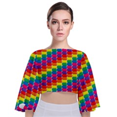 Rainbow 3d Cubes Red Orange Tie Back Butterfly Sleeve Chiffon Top by Sudhe