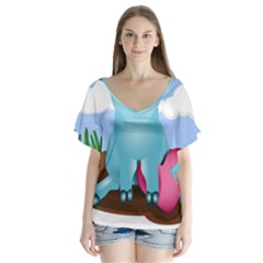 Pig Animal Love V-neck Flutter Sleeve Top by Sudhe