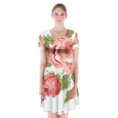 Flower Rose Pink Red Romantic Short Sleeve V-neck Flare Dress by Sudhe