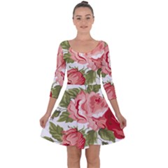 Flower Rose Pink Red Romantic Quarter Sleeve Skater Dress by Sudhe