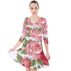 Flower Rose Pink Red Romantic Quarter Sleeve Front Wrap Dress by Sudhe