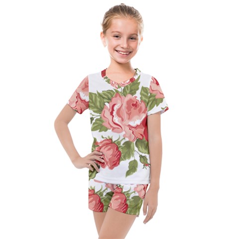 Flower Rose Pink Red Romantic Kids  Mesh Tee And Shorts Set by Sudhe