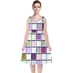 Color Tiles Abstract Mosaic Background V-neck Midi Sleeveless Dress  by Sudhe