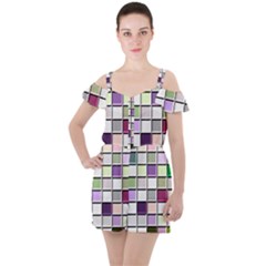 Color Tiles Abstract Mosaic Background Ruffle Cut Out Chiffon Playsuit