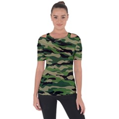 Green Military Vector Pattern Texture Shoulder Cut Out Short Sleeve Top by Sudhe