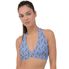 Lamb Pattern Blue Halter Plunge Bikini Top